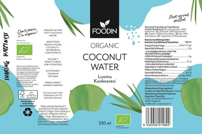 Organic Coconut Water with Electrolytes from Foodin by Organax Ltd in 12-pack, showing 330ml bottles filled with clear coconut water.