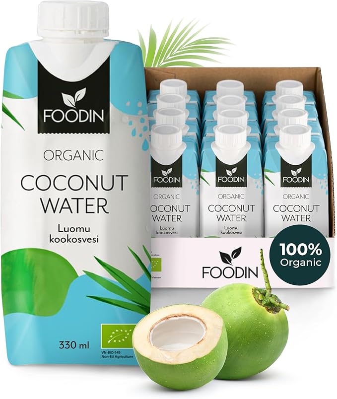 Organic Coconut Water with Electrolytes from Foodin by Organax Ltd, 12-pack of 330ml bottles, fresh and natural hydration.