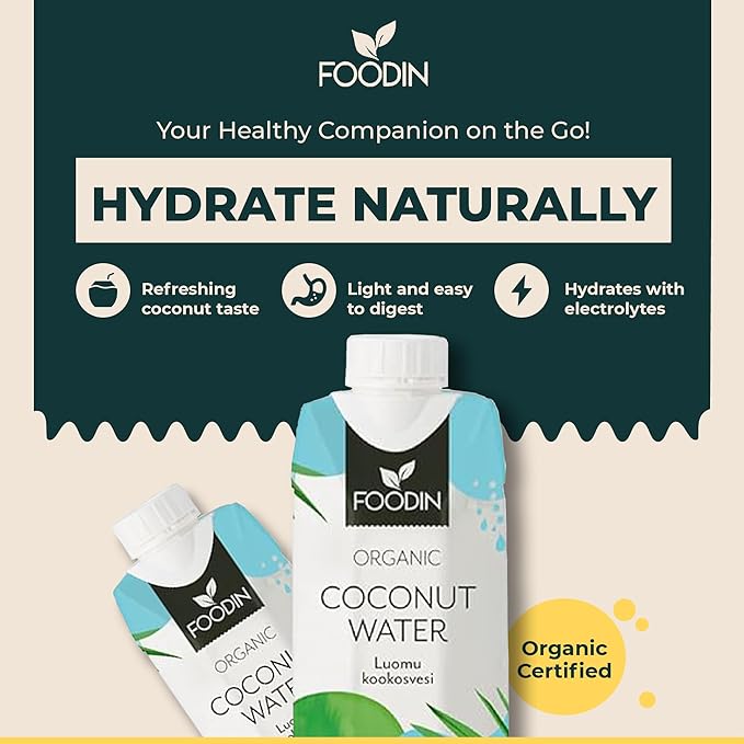 Organic Coconut Water with Electrolytes from Foodin by Organax Ltd, 12-pack of 330ml bottles, fresh and hydrating.