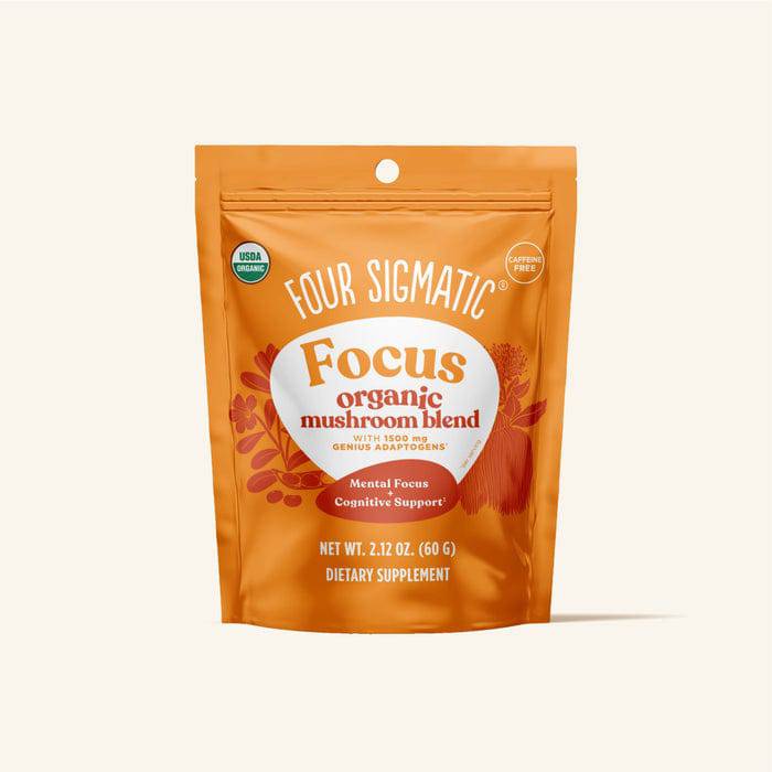 Organic Focus Mushroom Blend from Four Sigmatic in a resealable 60g bag, featuring a mix of dried mushrooms for mental clarity.
