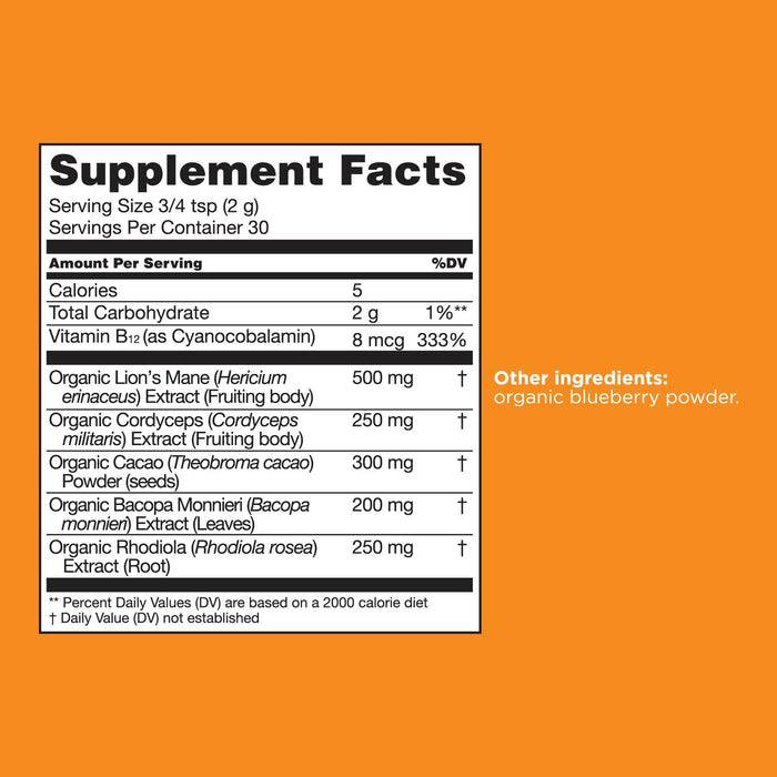 Four Sigmatic Organic Focus Mushroom Blend supplement label showing ingredients and nutritional facts.