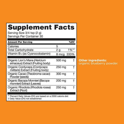 Four Sigmatic Organic Focus Mushroom Blend supplement label showing ingredients and nutritional facts.