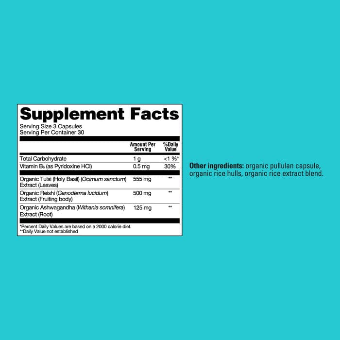 Organic mushroom supplement by Organax Ltd with Reishi, B6, and Ashwagandha capsules for wellness and relaxation.