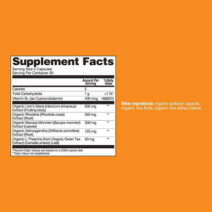 Organic mushroom supplement capsules with Lion's Mane, B12, and L-Theanine in a bottle, by Organax Ltd.