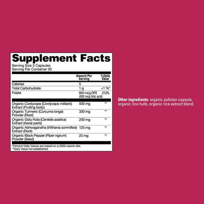 Organic mushroom supplement capsules with Cordyceps, folate, and turmeric by Organax Ltd, featuring memory and health benefits.