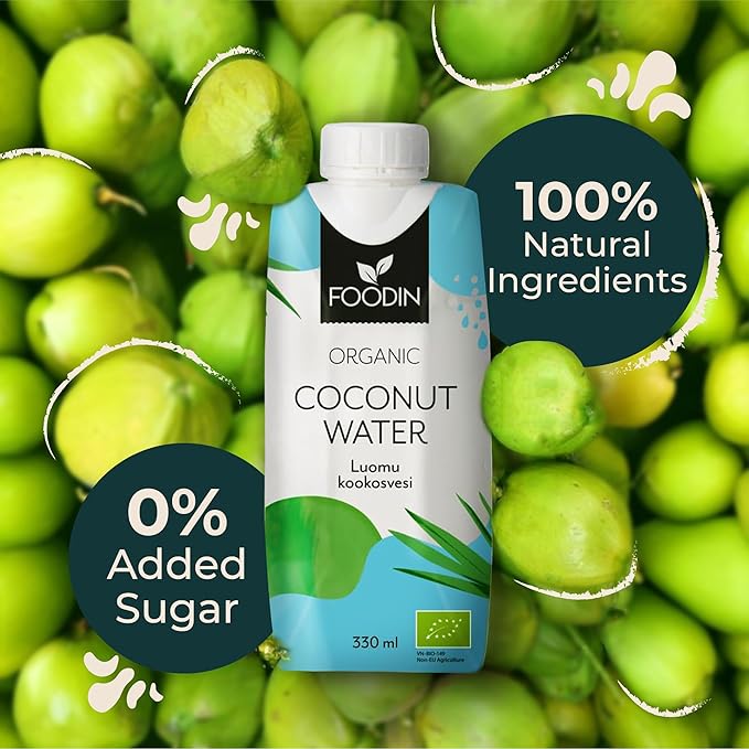 Organic Coconut Water with Electrolytes from Foodin by Organax Ltd, 12-pack of 330ml bottles, fresh and natural hydration.