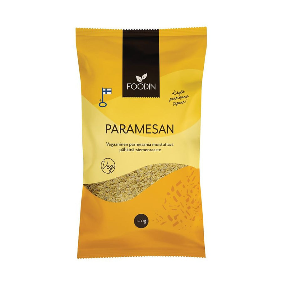 Foodin Vegan Parmesan superfood by Organax Ltd, showing a 120g package with grated vegan cheese alternative.