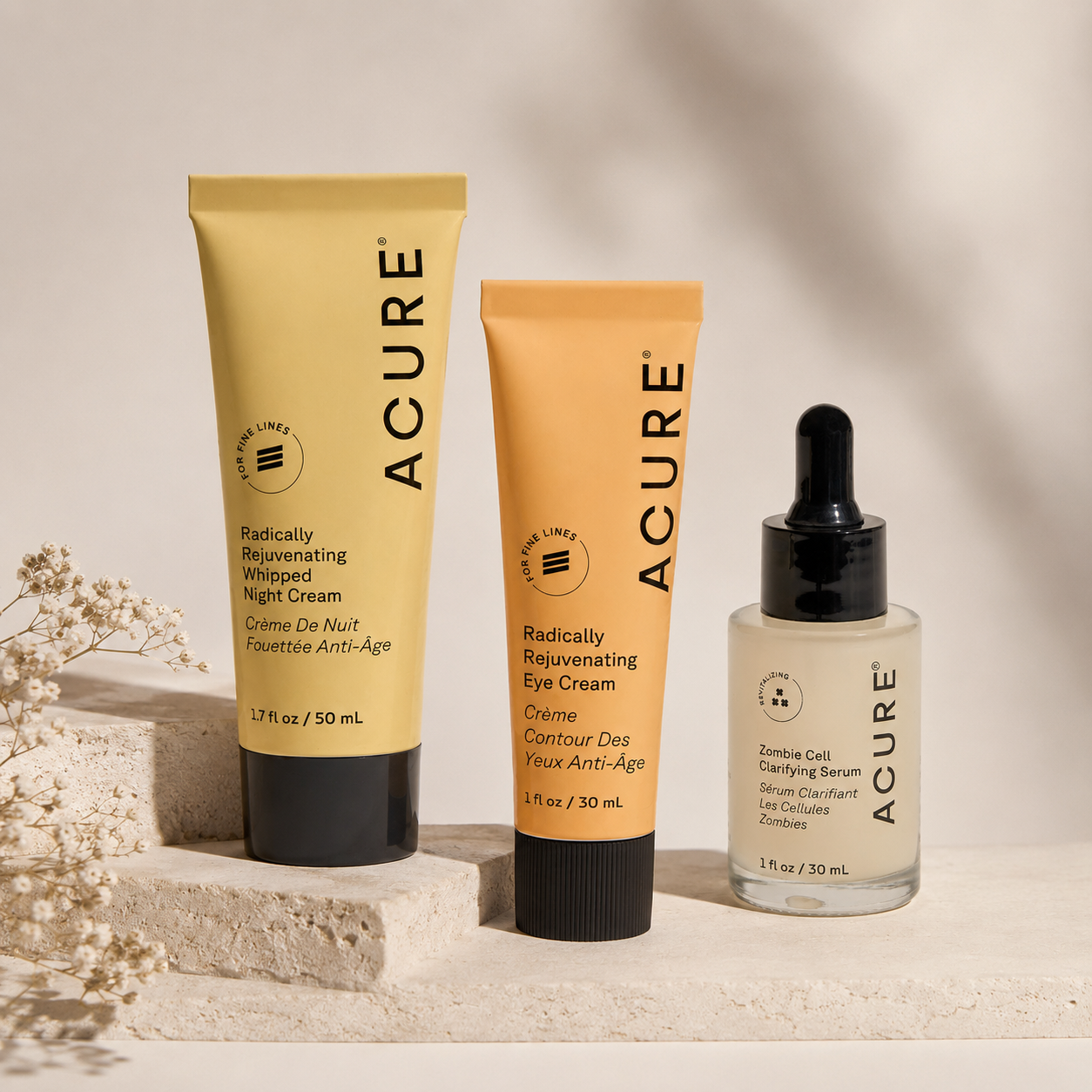 ACURE Skin Longevity Night Trio skincare set featuring moisturizers and serums for youthful, healthy skin at night