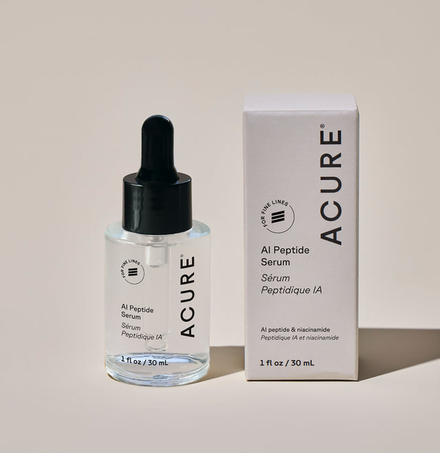 ACURE AI Peptide Serum 30ml in a clear glass bottle with a pump dispenser, featuring a modern label design for skincare.