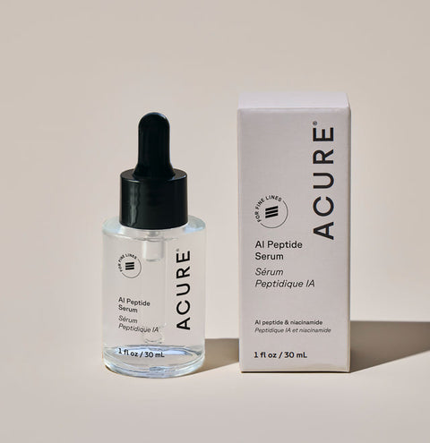 ACURE AI Peptide Serum 30ml in a clear glass bottle with a pump dispenser, featuring a modern label design for skincare.
