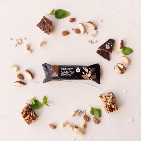 Organic Collagen Protein Bar with almonds and sea salt from FoodIn by Organax Ltd, shown in a 50g bar packaging.