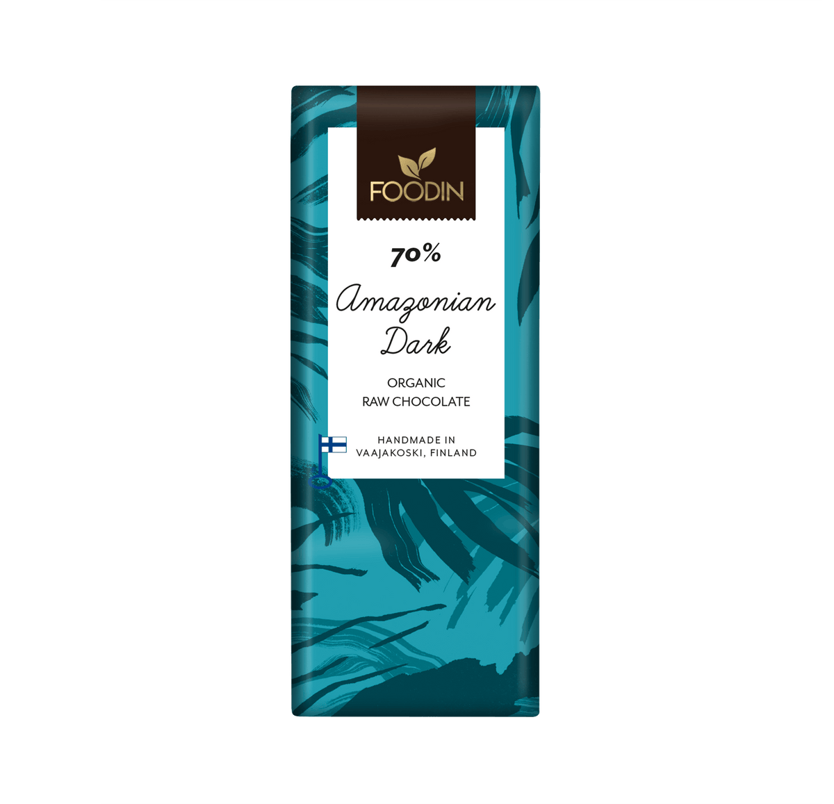 Organic raw Amazonian dark chocolate 70% by Foodin, showing a 40g bar with rich dark texture and natural cocoa appearance.