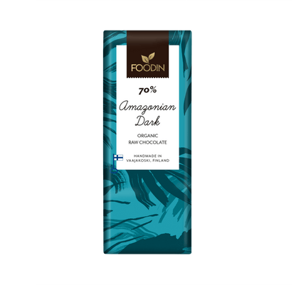 Organic raw Amazonian dark chocolate 70% by Foodin, showing a 40g bar with rich dark texture and natural cocoa appearance.