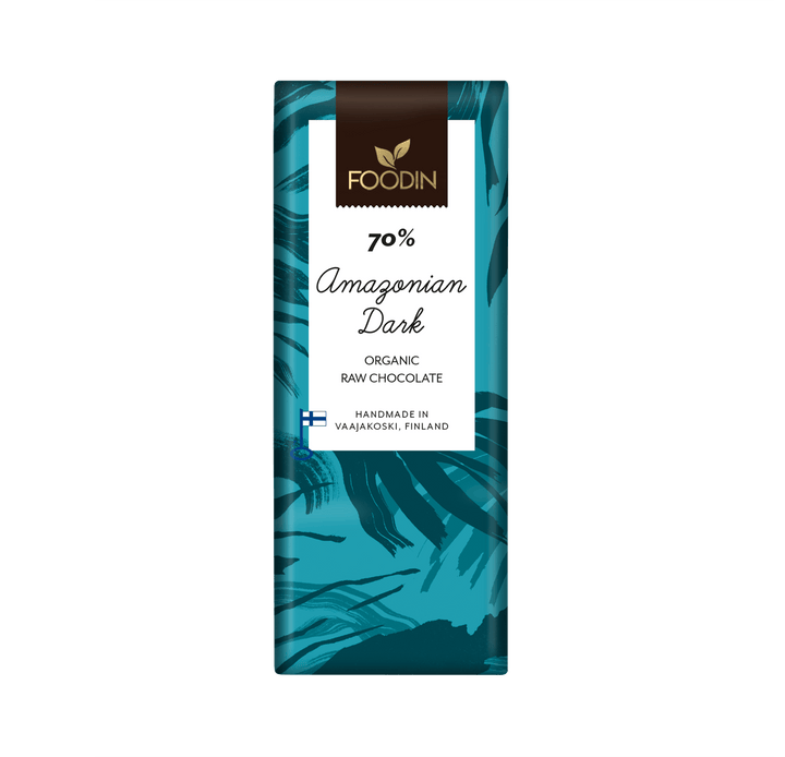 Organic raw Amazonian dark chocolate 70% by Foodin, showing a 40g bar with rich dark texture and natural cocoa appearance.
