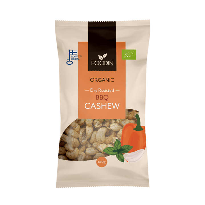 Organic FoodIn Dry Roasted BBQ Cashews in 120g package, showing golden roasted cashew nuts coated with barbecue seasoning.