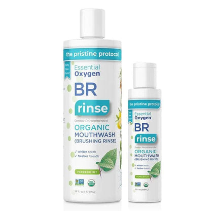 Essential Oxygen BR Mouthwash with peppermint in a 88ml bottle, featuring the product label and clear liquid inside.