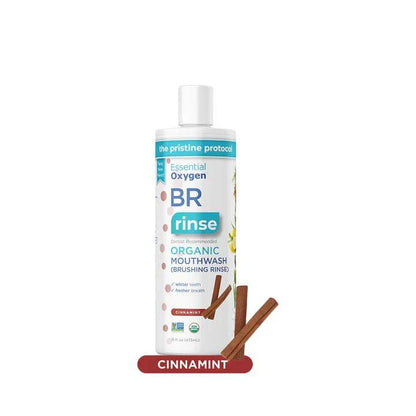 Essential Oxygen BR Mouthwash Cinnamint in 88ml bottle, showing the blue and white packaging with mint and cinnamon flavors.