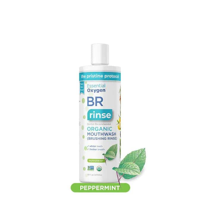Essential Oxygen BR Mouthwash with peppermint flavor in 88ml bottle, refreshing oral rinse by Organax Ltd.