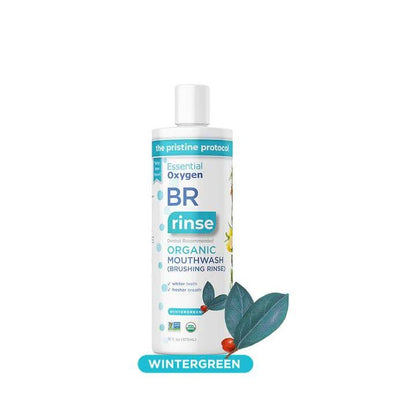 Essential Oxygen BR Mouthwash Peppermint rinse in 473ml bottle, showing clear liquid and fresh mint flavor.