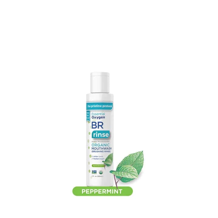 Essential Oxygen BR Mouthwash Peppermint in 88ml bottle, featuring a clear liquid and mint-flavored rinse for fresh breath.