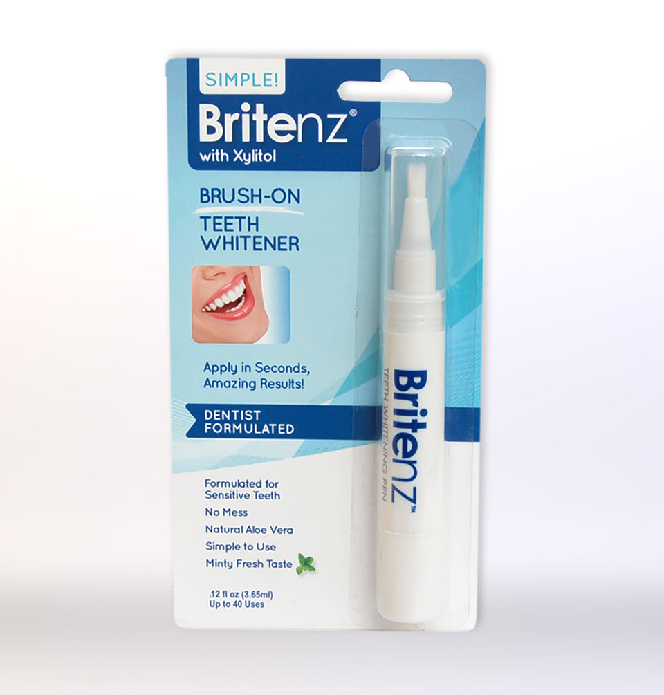 Britenz natural teeth whitening pen by Organax Ltd with easy brush-on gel for oral care, shown in a large card image.