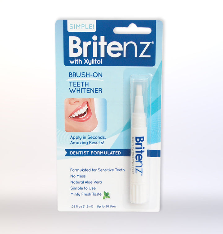 Organax Ltd Britenz Gentle Teeth Whitening Pen with Xylitol, 1.5ml, showing the white pen and packaging on a white background.