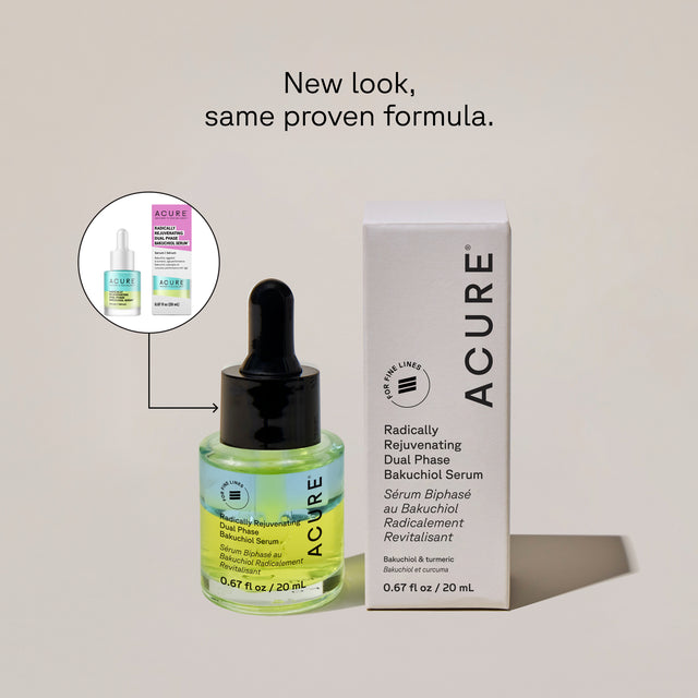 Before and after images showing skin improvement with ACURE Radically Rejuvenating Dual Phase Bakuchiol Serum by Organax Ltd.