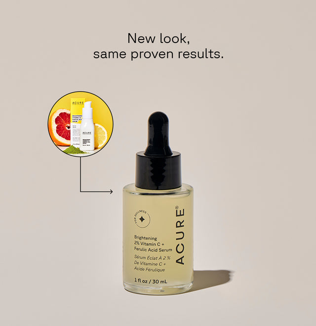 Brightening ACURE Vitamin C and Ferulic Acid Serum in a 30ML bottle, featuring clear liquid and white dropper cap.
