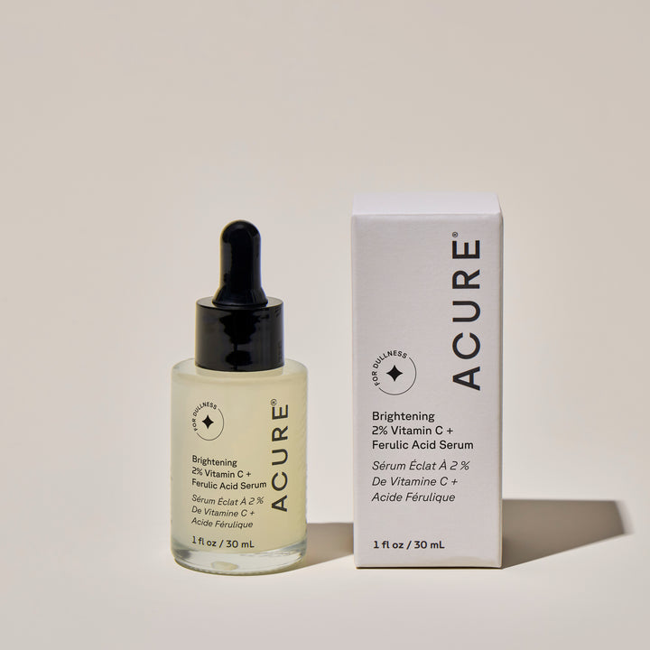 Brightening ACURE Vitamin C and Ferulic Acid Serum in a 30ml bottle with a box, designed for skin radiance and glow.