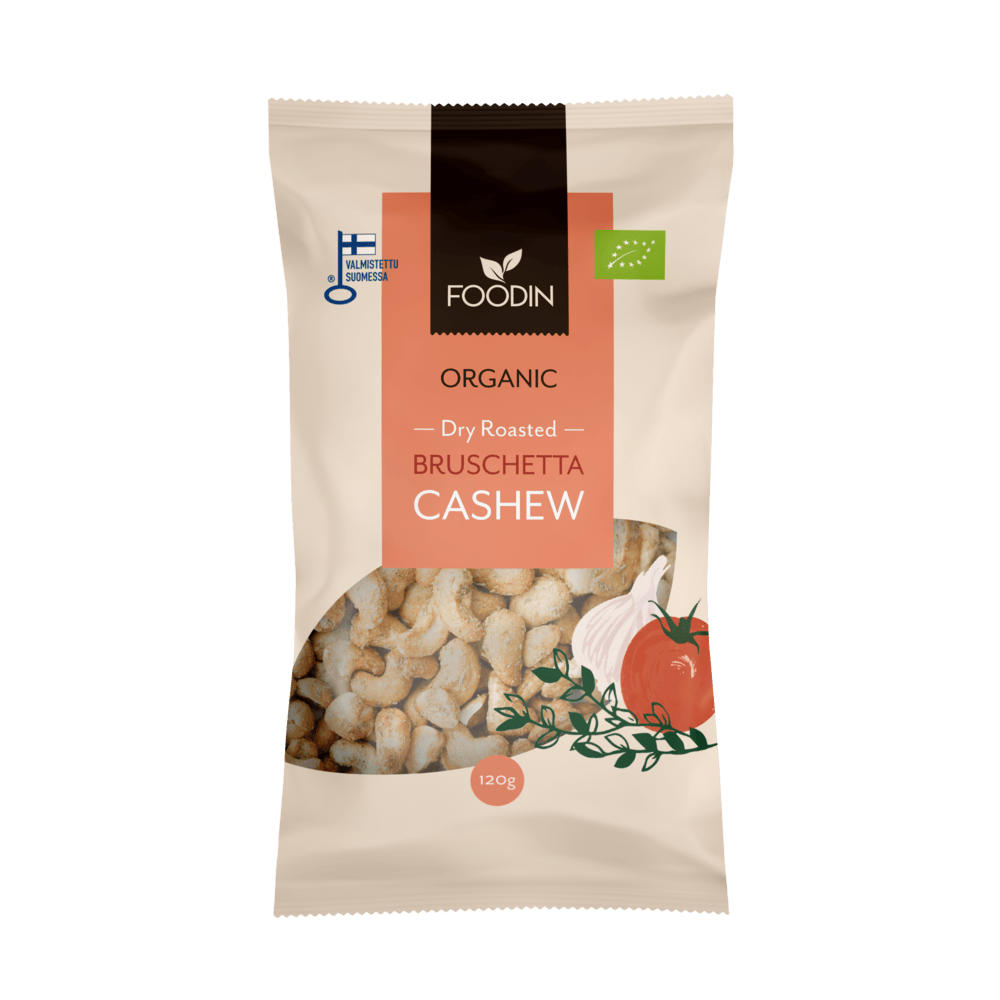 Organic dry roasted bruschetta cashews in a 120g package by Organax Ltd, showing golden roasted cashews ready to eat.