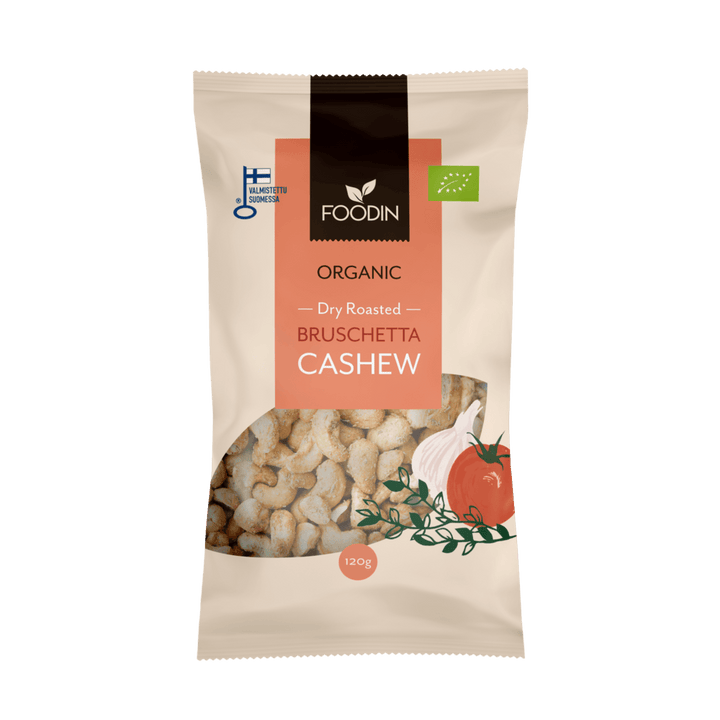 Organic dry roasted bruschetta cashews in a 120g package by Organax Ltd, showing golden roasted cashews ready to eat.