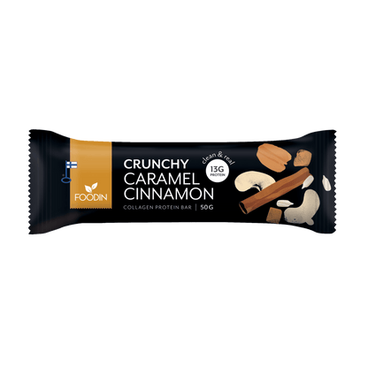 Organic Collagen Protein Bar with caramel and cinnamon flavor from Foodin, 50g bar in the image.