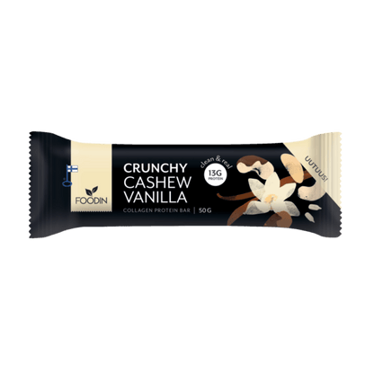 Organic Collagen Protein bar with cashew and vanilla flavor, 50g, displayed in a pack of 12 from FoodIn by Organax Ltd.
