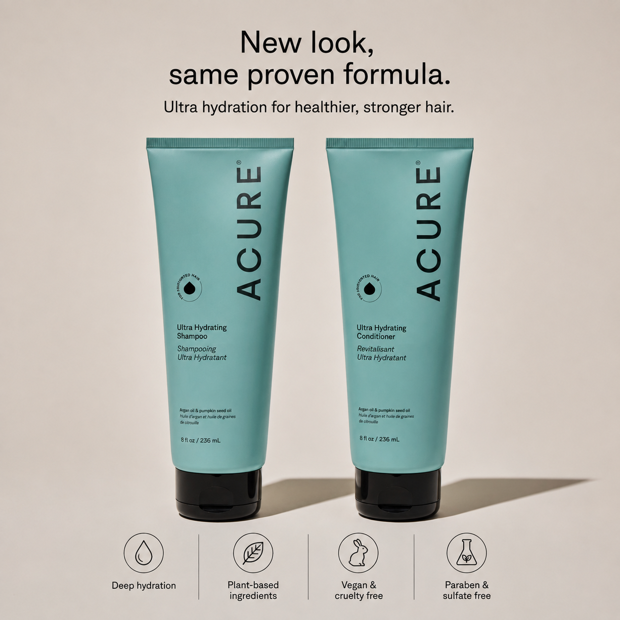 ACURE Ultra Hydrating Shampoo and Conditioner bundle with bottles featuring blue and white labels, ideal for nourishing hair.