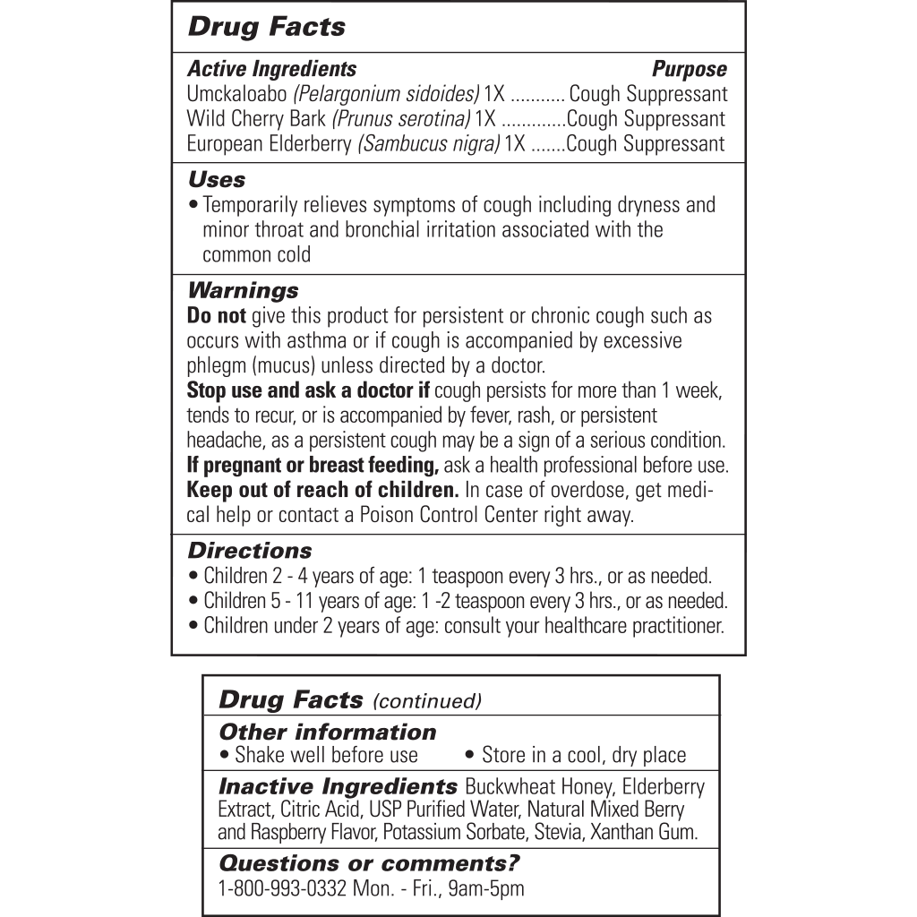 ChildLife Essentials Formula 3 Berry cough syrup in a 120ml glass bottle, with supplement facts label visible.