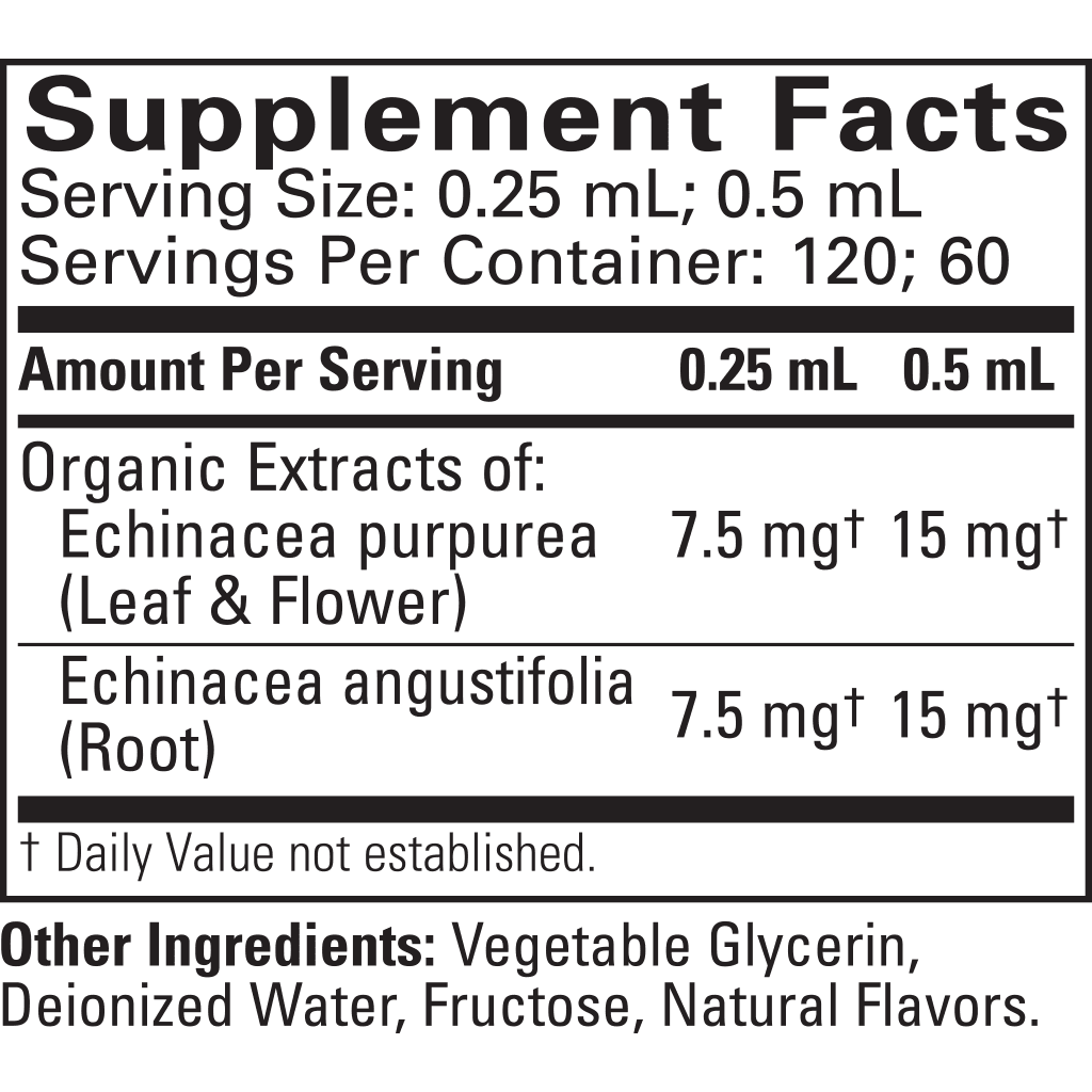 Childlife Essentials Echinacea Orange supplement in a 30ml glass bottle, featuring supplement facts label on the packaging.