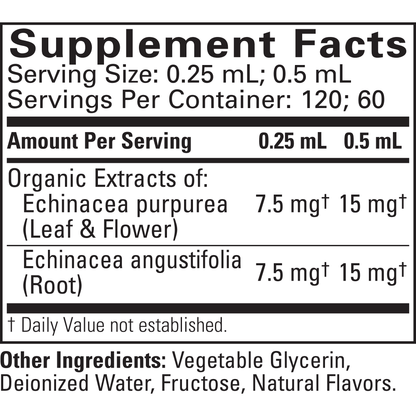 Childlife Essentials Echinacea Orange supplement in a 30ml glass bottle, featuring supplement facts label on the packaging.