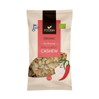 Organic FoodIn Dry Roasted Chili-Garlic Cashew in 120g pack, showing golden roasted cashews coated with chili and garlic flavor.