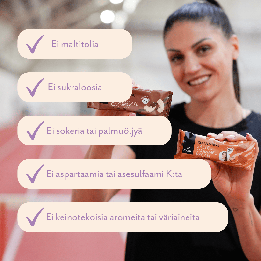 Organic Clean & Real Protein Bar with salted caramel and pecans, shown in 55g serving, from Organax Ltd's FoodIn line.