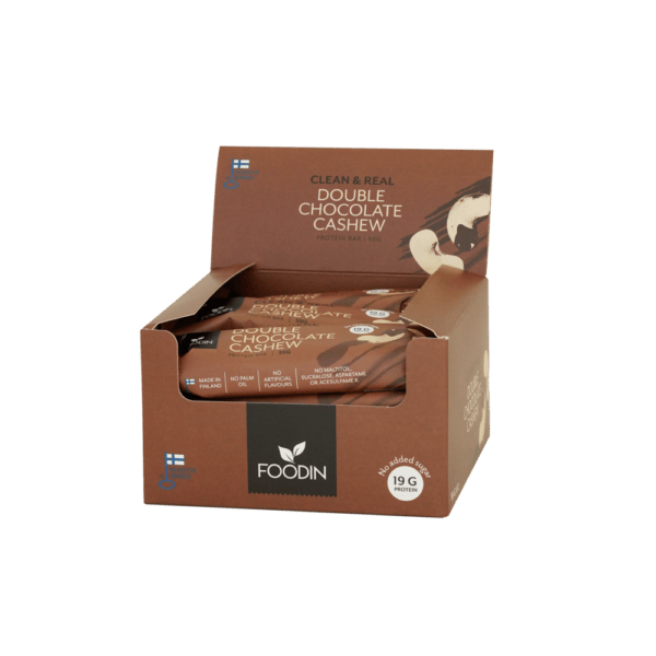 Organic FoodIn Clean & Real Protein Bar with double chocolate and cashew, 55g, showing a close-up of the chocolate and cashew bar.