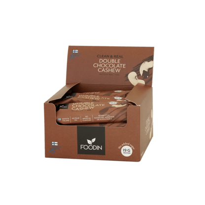 Organic FoodIn Clean & Real Protein Bar with double chocolate and cashew, 55g, showing a close-up of the chocolate and cashew bar.