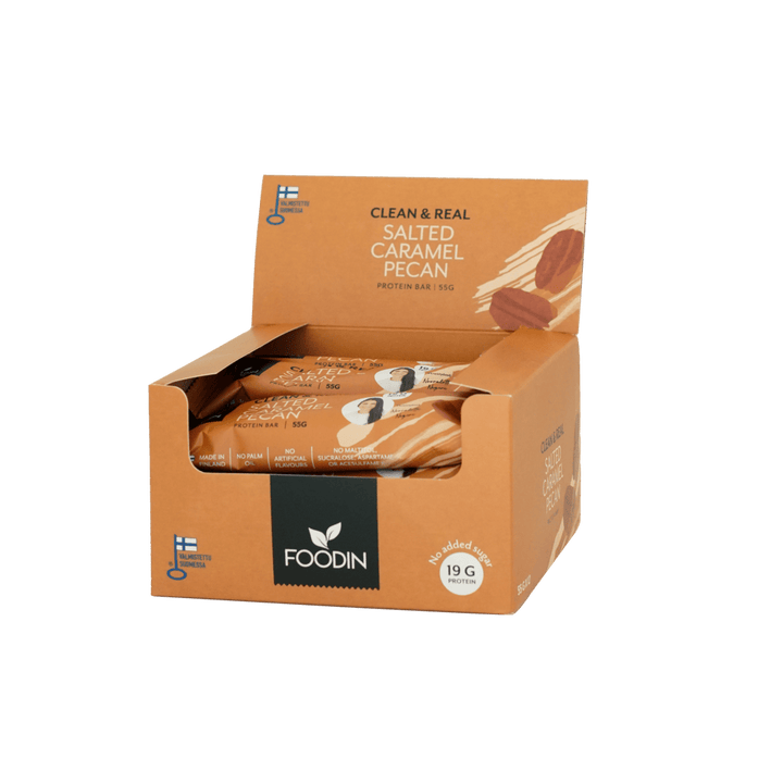 Organic FoodIn Clean & Real Protein Bar with salted caramel and pecans, 55g per bar, shown with caramel and pecan ingredients.