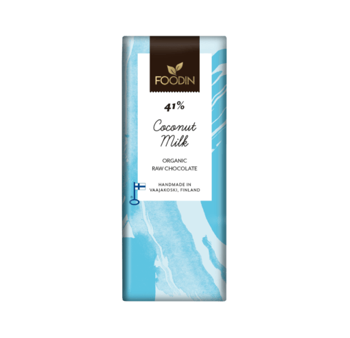 Organic raw chocolate coconut milk in a 40g package by Foodin, featuring rich coconut and cocoa ingredients in a natural setting.