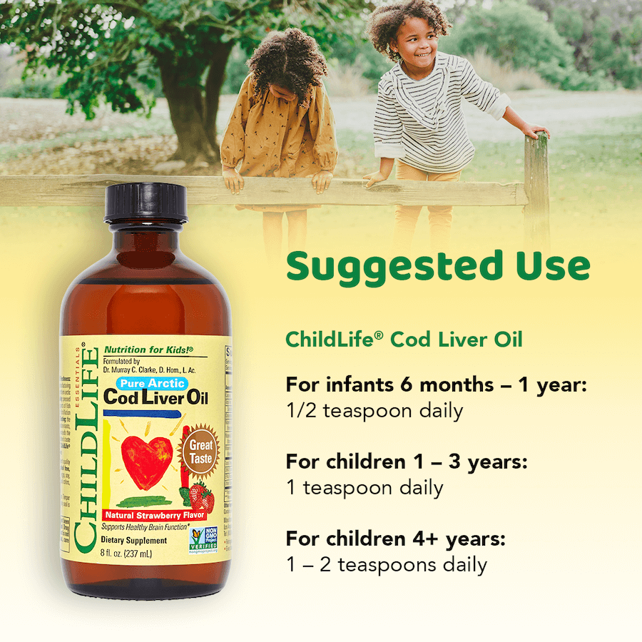 Childlife Essentials Cod Liver Oil in strawberry flavor, 240ml glass bottle, from Organax Ltd, shown in a clear glass bottle with a label.