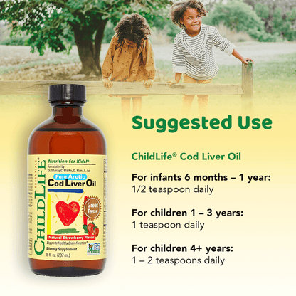 Childlife Essentials Cod Liver Oil in strawberry flavor, 240ml glass bottle, from Organax Ltd, shown in a clear glass bottle with a label.