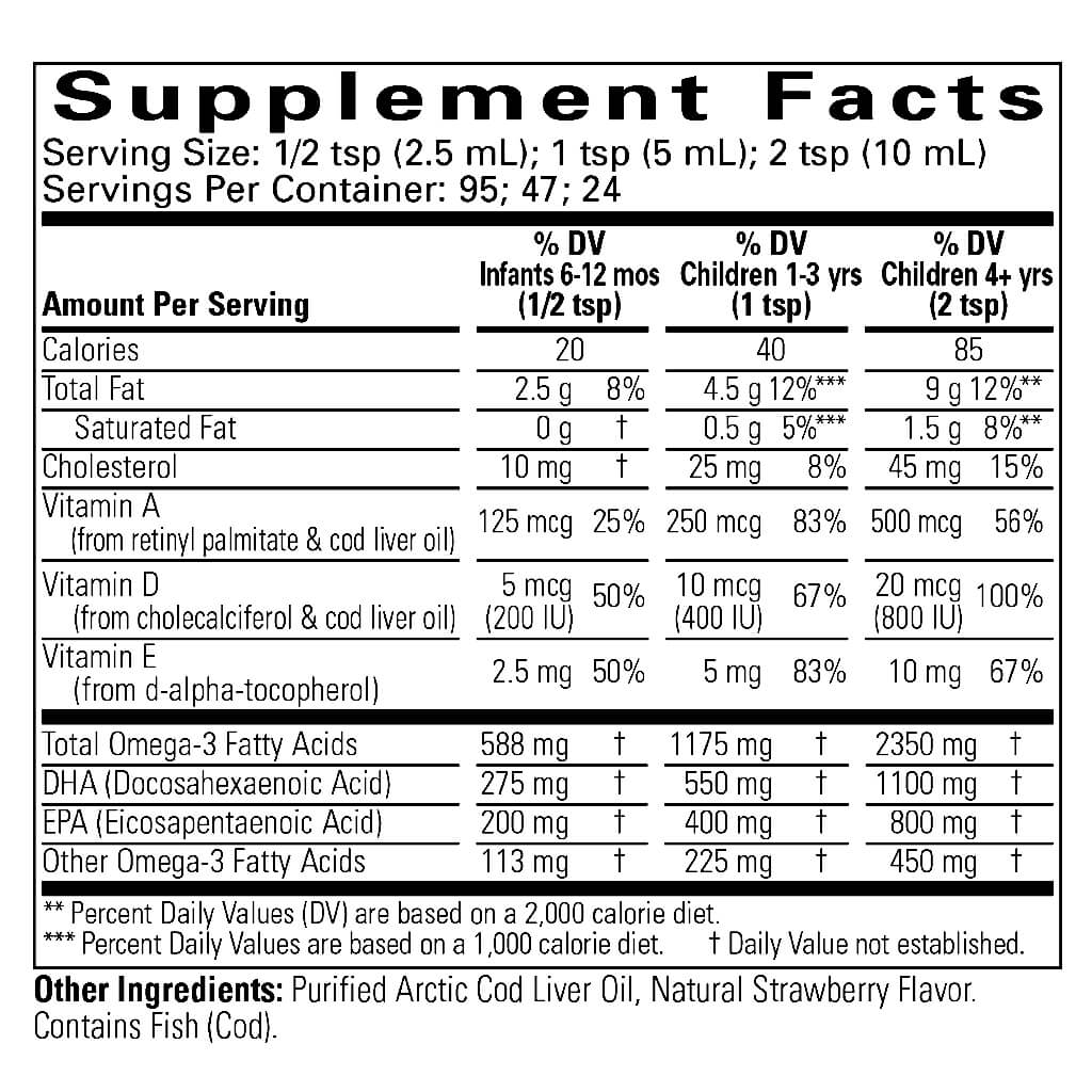 Childlife Essentials Cod Liver Oil in strawberry flavor, 240ml glass bottle, featuring a colorful label and a dropper cap.