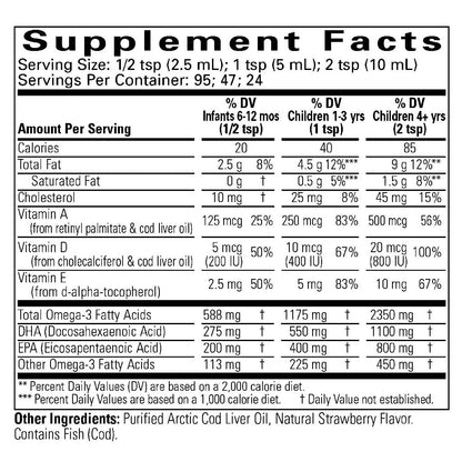 Childlife Essentials Cod Liver Oil in strawberry flavor, 240ml glass bottle, featuring a colorful label and a dropper cap.