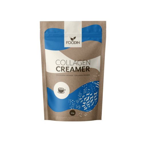 Creamer container labeled Collagen Creamer by Organax Ltd, 150g jar with a white lid and product branding on the front.