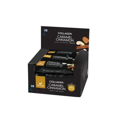 Organic Foodin Collagen Protein Bar in caramel cinnamon flavor, 50g per bar, part of a pack of 12, by Organax Ltd.