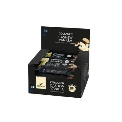 Organic Collagen Protein Bar with Cashew and Vanilla, 50g, pack of 12 from FoodIn by Organax Ltd, showing crunchy texture and packaging